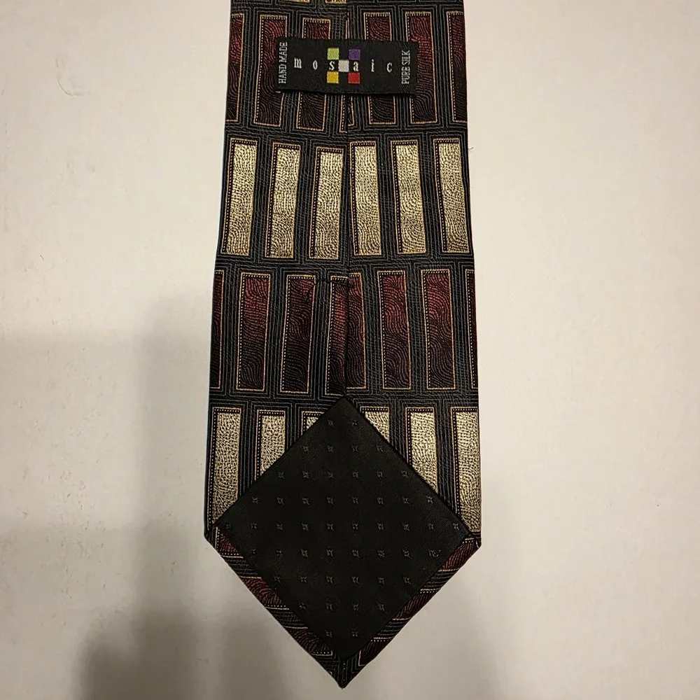 Mosaic Mens Silk Necktie Black Gold Burgundy Geometric Rectangular Hand Made Tie